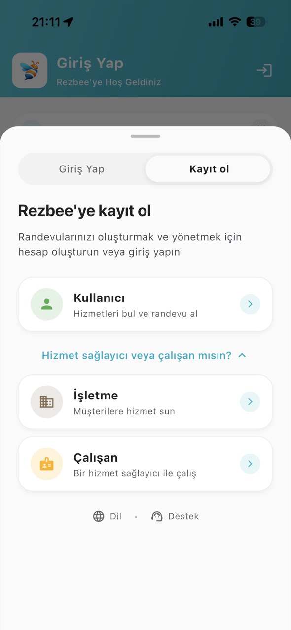 Hesap türü olarak İşletme'yi seçin